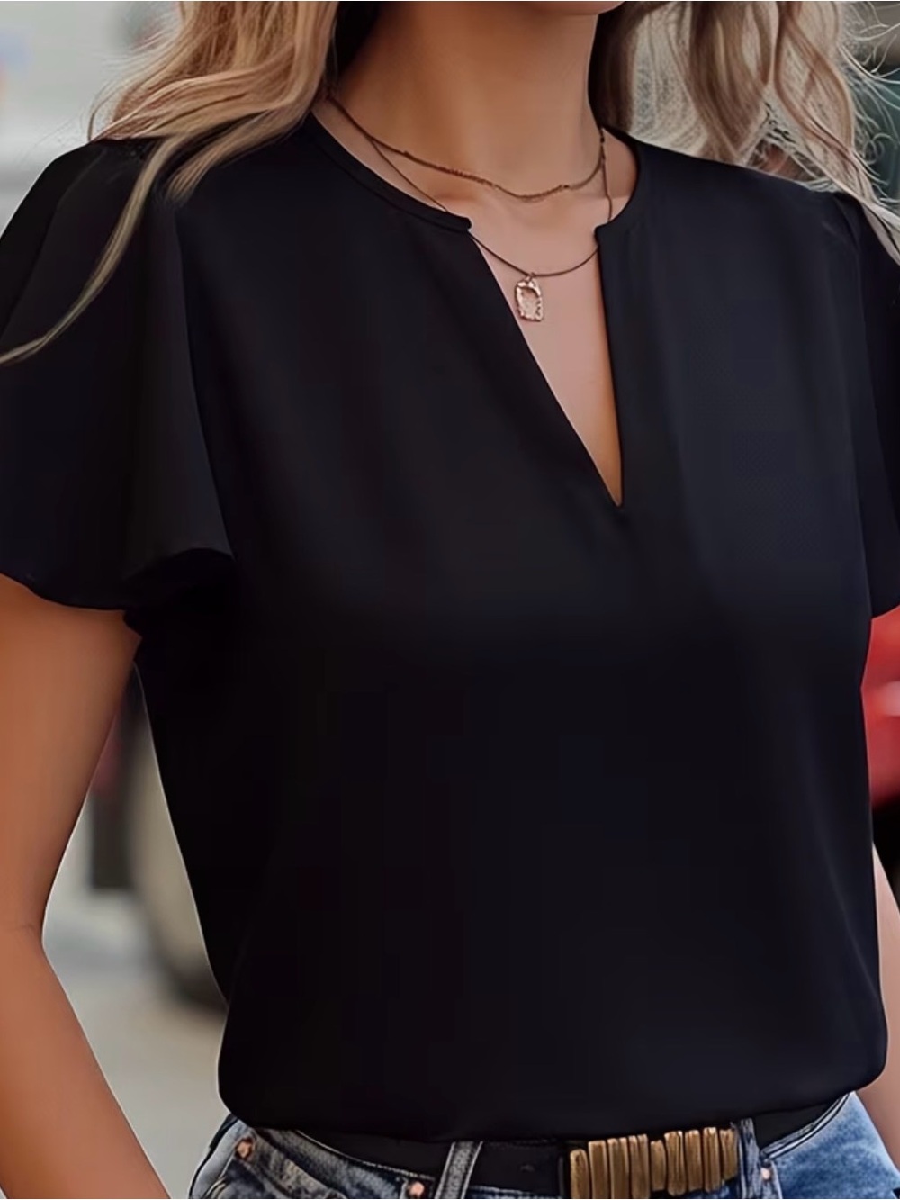 Women's Black Notch Neck Flutter Sleeve Top